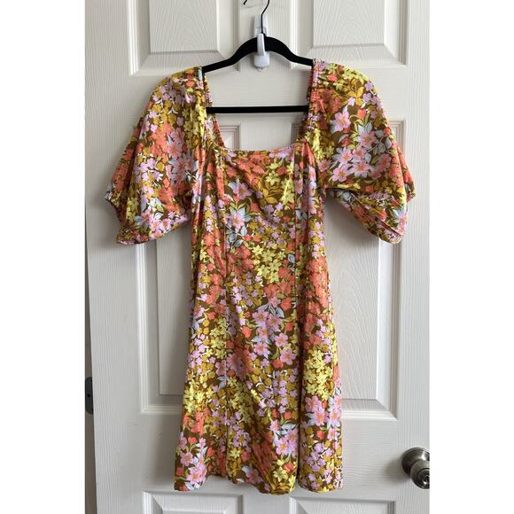 BILLABONG Moss Paradise Floral Square Neck Smocked Puff Sleeve Mini Dress Sz S - Picture 2 of 11